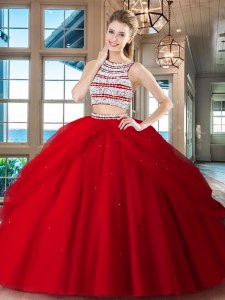 Scoop Backless Red Sleeveless Beading and Pick Ups Floor Length Quinceanera Gown