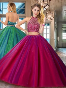 Chic Backless Halter Top Sleeveless Quinceanera Dresses Brush Train Beading Fuchsia Tulle