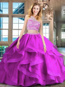 With Train Fuchsia Ball Gown Prom Dress Scoop Sleeveless Brush Train Backless