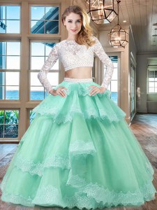 Captivating Scoop Lace Ruffled Floor Length Two Pieces Long Sleeves Apple Green Sweet 16 Dresses Zipper