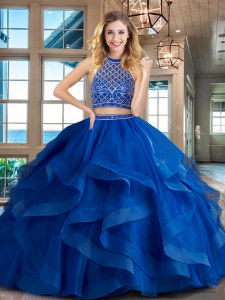 Delicate Royal Blue Tulle Backless Halter Top Sleeveless Quinceanera Gowns Brush Train Beading and Ruffles