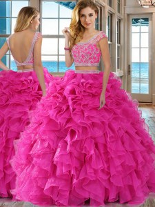 Scoop Cap Sleeves Floor Length Backless Ball Gown Prom Dress Hot Pink for Military Ball and Sweet 16 and Quinceanera with Beading and Ruffles
