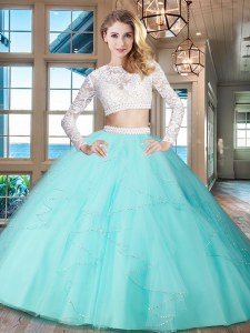 Scoop Long Sleeves Zipper Floor Length Beading and Lace and Ruffles Sweet 16 Dresses