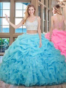 Sophisticated Baby Blue Organza Zipper Ball Gown Prom Dress Sleeveless Floor Length Beading and Ruffles and Pick Ups