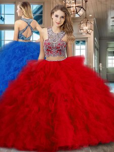 Scoop Sleeveless With Train Beading and Ruffles Criss Cross Ball Gown Prom Dress with Red Brush Train