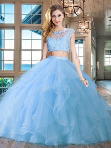Edgy Light Blue Scoop Zipper Beading and Appliques and Ruffles Quinceanera Dress Brush Train Cap Sleeves
