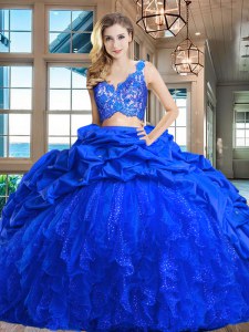 Top Selling V-neck Sleeveless Taffeta and Tulle Vestidos de Quinceanera Lace and Ruffles and Pick Ups Brush Train Zipper