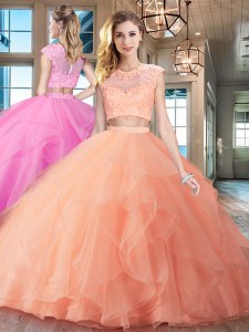 Adorable Scoop Peach Two Pieces Beading and Appliques and Ruffles 15 Quinceanera Dress Zipper Organza Cap Sleeves With Train