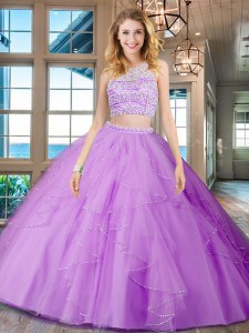 Flare Lilac Sweet 16 Dress Military Ball and Sweet 16 and Quinceanera and For with Beading and Ruffles Scoop Sleeveless Backless