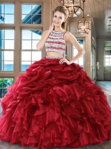 Chic Wine Red Backless Scoop Beading and Ruffles and Pick Ups Quinceanera Gowns Organza Sleeveless