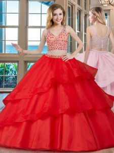 Admirable Red Organza Zipper Sweet 16 Dress Sleeveless With Brush Train Beading