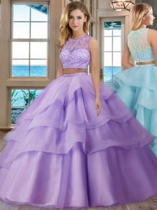Edgy Lavender Quince Ball Gowns Military Ball and Sweet 16 and Quinceanera and For with Beading and Appliques and Ruffled Layers Scoop Sleeveless Zipper