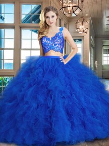 Fashion Royal Blue Quinceanera Gown Military Ball and Sweet 16 and Quinceanera and For with Lace and Ruffles V-neck Sleeveless Brush Train Zipper