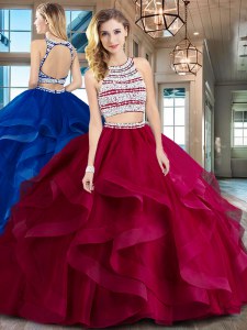 Wine Red Two Pieces Scoop Sleeveless Tulle With Brush Train Backless Beading and Ruffles Sweet 16 Dresses