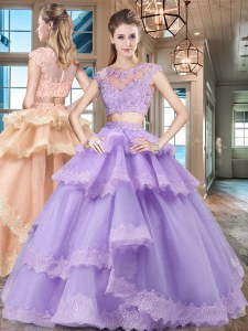 Glittering Scoop Lavender Two Pieces Beading and Lace and Appliques and Ruffled Layers Ball Gown Prom Dress Zipper Tulle Cap Sleeves Floor Length