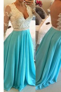 Sumptuous Long Sleeves Chiffon Floor Length Backless in Baby Blue with Lace