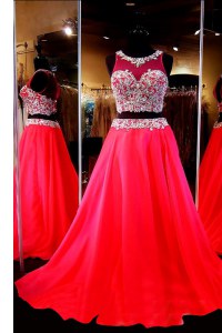 Sweep Train A-line Prom Party Dress Red Scoop Chiffon Sleeveless With Train Backless