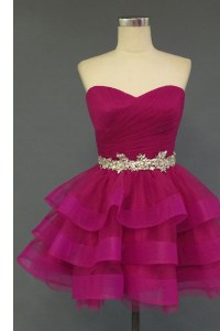Adorable Ruffled Sweetheart Sleeveless Lace Up Prom Dress Fuchsia Organza