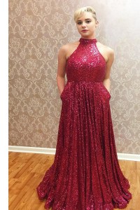 Fine Halter Top Sequins Floor Length A-line Sleeveless Wine Red Dress for Prom Zipper