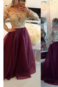 Burgundy Scoop Neckline Beading and Appliques Long Sleeves Zipper
