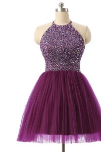 Graceful Sequins Knee Length Purple Prom Evening Gown Halter Top Sleeveless Zipper
