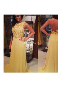 Yellow Scoop Neckline Lace Evening Dresses Sleeveless Backless