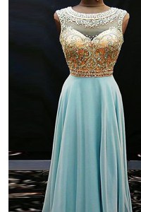 Best Scoop Aqua Blue Sleeveless Floor Length Beading Side Zipper Prom Dress