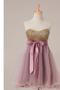 Best Pink Sleeveless Knee Length Sashes ribbons and Sequins Zipper Evening Dress