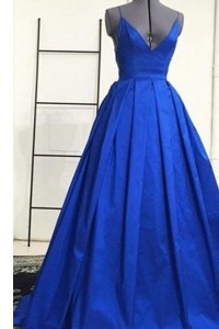 Decent Royal Blue Prom Evening Gown Spaghetti Straps Sleeveless Sweep Train Criss Cross