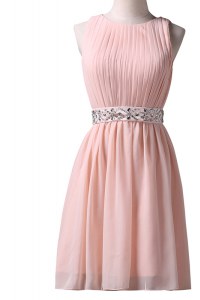 Adorable Pink A-line Chiffon Scoop Sleeveless Beading Knee Length Lace Up Evening Wear