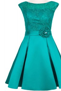 Fancy Lace Knee Length Teal Homecoming Party Dress Scoop Cap Sleeves Zipper