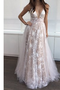 White and Champagne Tulle Zipper Prom Party Dress Sleeveless Floor Length Lace