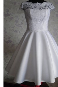 Pretty White A-line Lace Dress for Prom Zipper Satin Cap Sleeves Knee Length