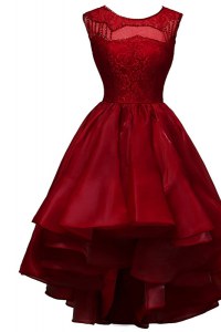 Luxurious High Low Zipper Evening Dress Wine Red for Prom and Party with Beading