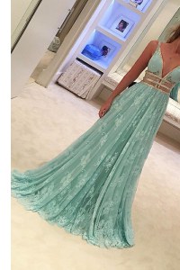 Lace V-neck Sleeveless Sweep Train Zipper Beading Prom Gown in Apple Green