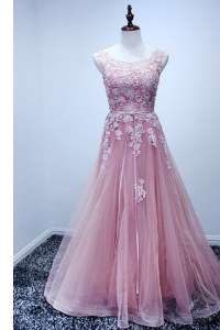 Scoop Floor Length Lace Up Prom Dresses Pink for Prom with Appliques