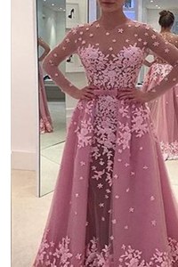 Chic Lilac Tulle Zipper Prom Evening Gown Long Sleeves With Train Sweep Train Appliques
