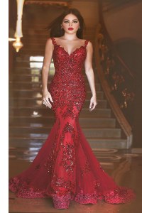 Discount Sequins With Train Mermaid Sleeveless Red Prom Dresses Sweep Train Backless