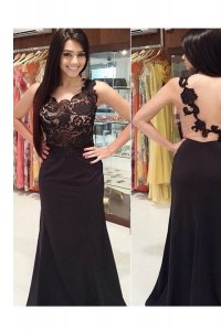 Extravagant Black Column/Sheath Lace Scoop Sleeveless Appliques With Train Backless Formal Dresses Brush Train