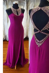 Scoop Sleeveless Elastic Woven Satin Prom Gown Beading Sweep Train Backless