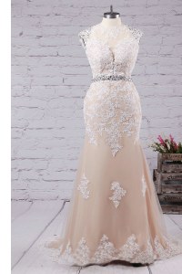Gorgeous Mermaid Champagne Scoop Backless Beading and Appliques Evening Dress Sweep Train Sleeveless