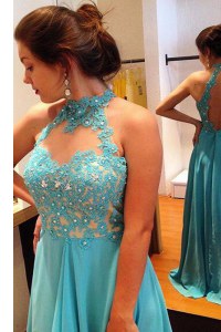 Sexy Scoop Chiffon Sleeveless Prom Dress Sweep Train and Beading and Appliques
