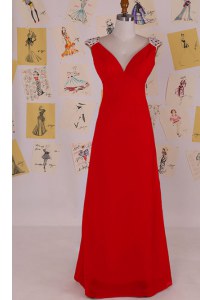 Customized Red Chiffon Backless V-neck Sleeveless Floor Length Homecoming Dress Beading