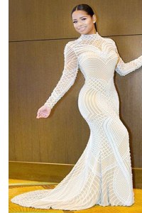 High End Mermaid High-neck Long Sleeves Prom Dress Sweep Train Beading White Tulle
