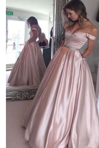 Off the Shoulder Floor Length Zipper Homecoming Dress Pink for Prom with Beading