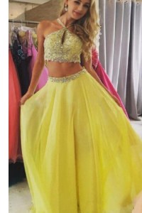 Artistic Yellow Halter Top Zipper Beading Prom Dresses Sleeveless