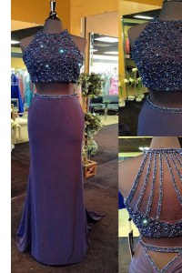 Scoop Sleeveless Prom Dress Floor Length Beading Purple Elastic Woven Satin