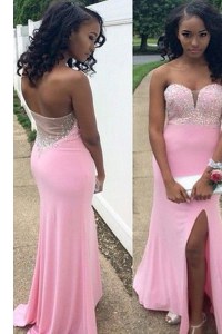 Beautiful Mermaid Sleeveless Chiffon Floor Length Backless Evening Gowns in Rose Pink with Beading