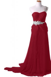 Edgy One Shoulder Burgundy Sleeveless Chiffon Watteau Train Zipper Prom Dresses for Prom
