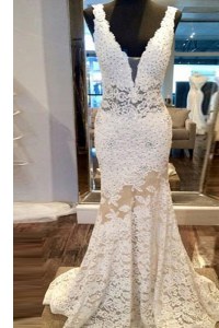 Decent Mermaid Lace White Custom Made Pageant Dress V-neck Sleeveless Sweep Train Zipper
